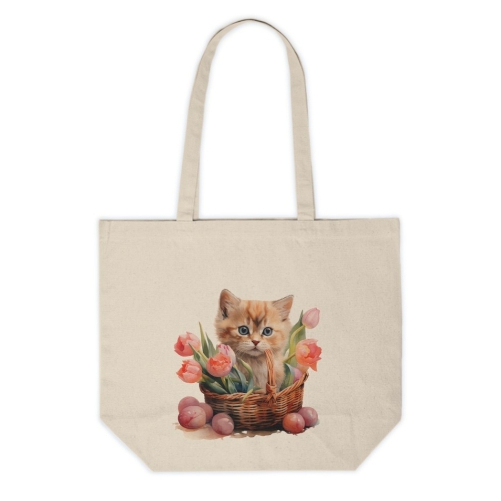 Floral Cat in a Basket Custom Canvas Tote Bag